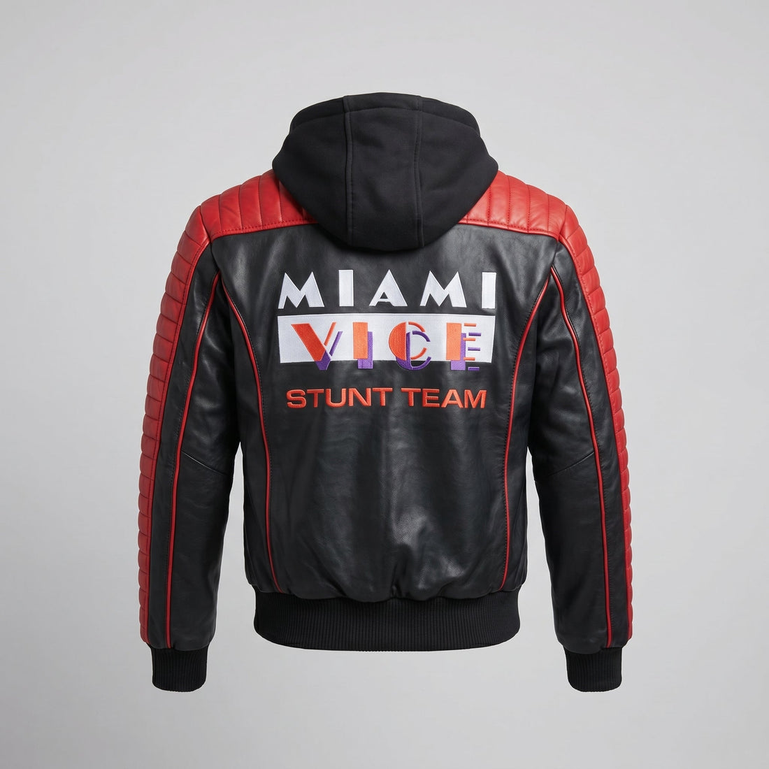 Miami Vice Stunt Team black and red leather jacket back view